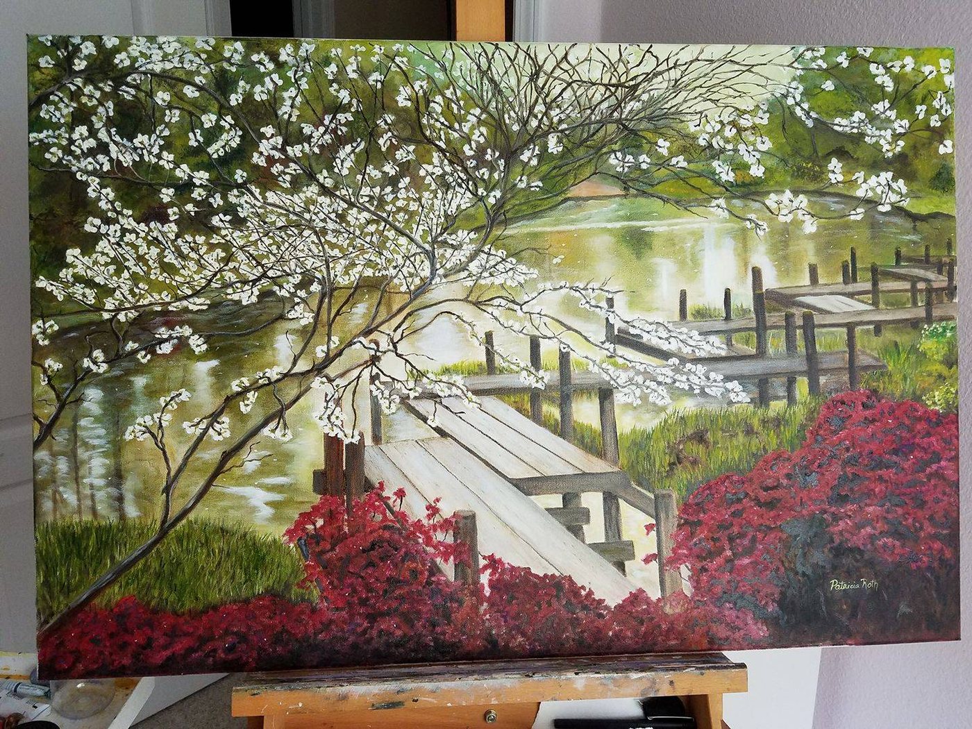 Dogwood and Lake Pier, painting by Patricia Roth
