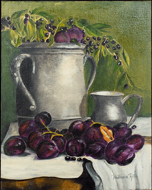 Plums and Pitcher, painting by Patricia Roth