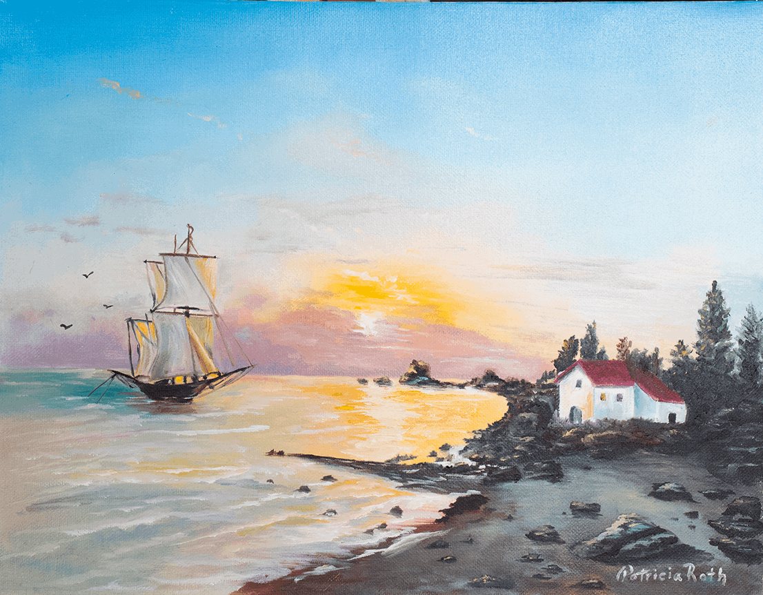 Sea, Ship and Harbor Church, painting by Patricia Roth