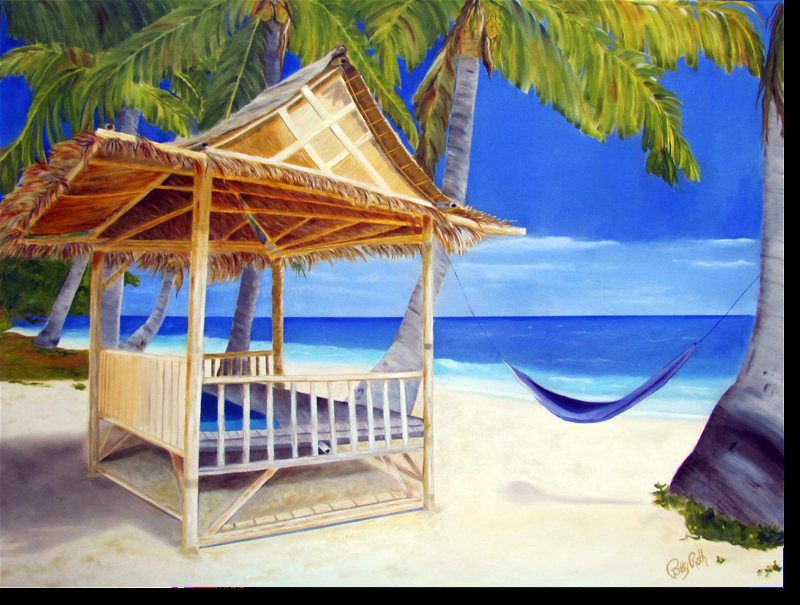 Tiki Hut on Beach, painting by Patricia Roth